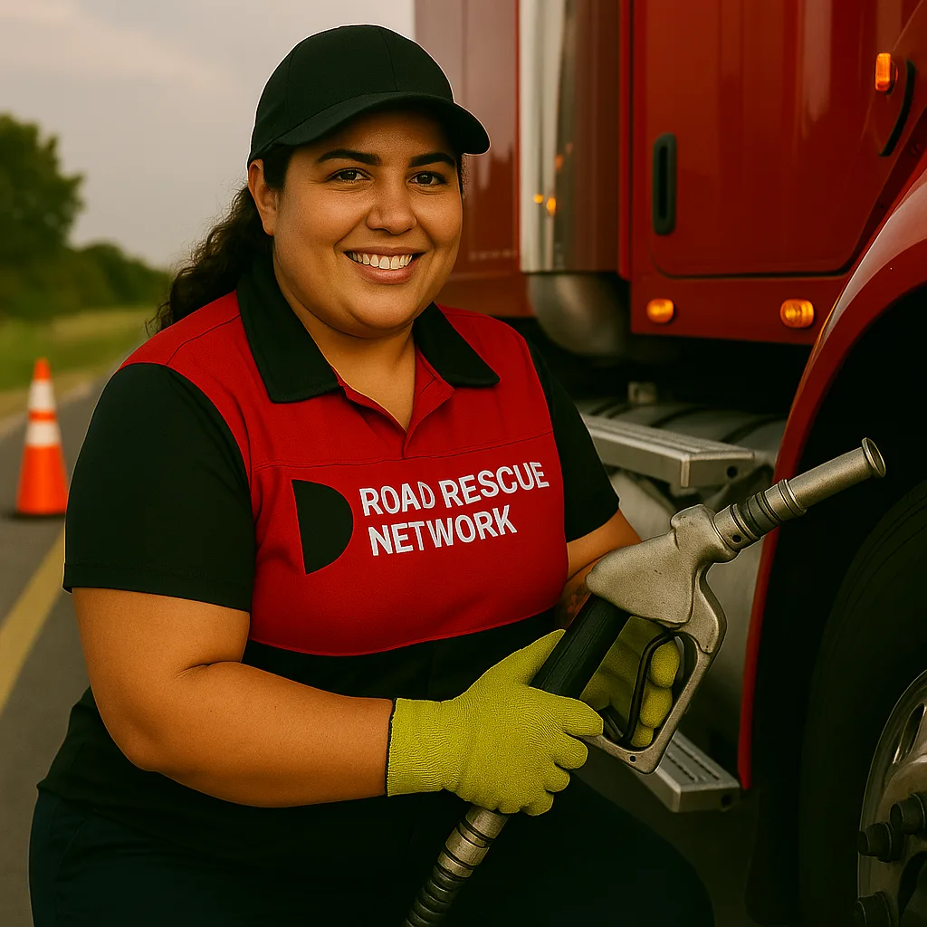 Road Rescue Network technician holding a fuel nozzle at the tank of a red tractor unit.