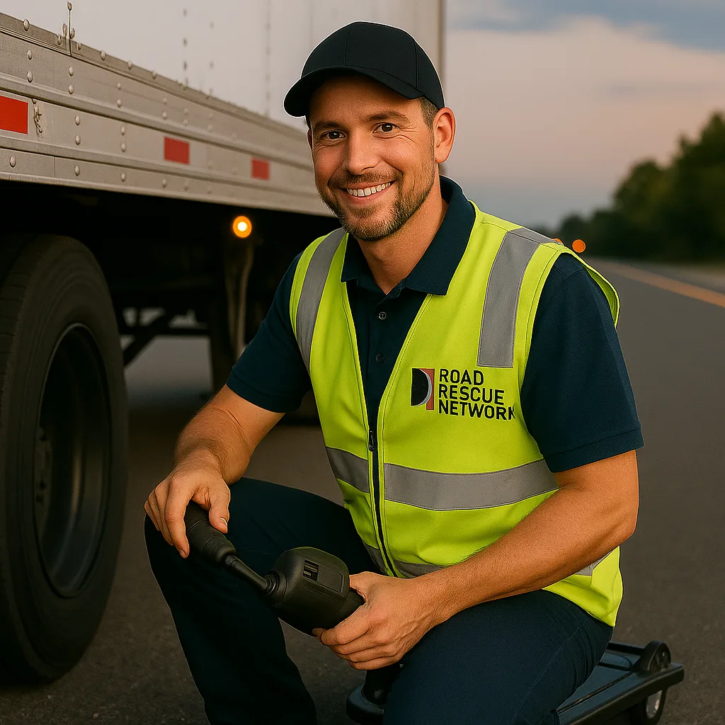 Road Rescue Network technician refuelling a flatbed trailer unit at the roadside.