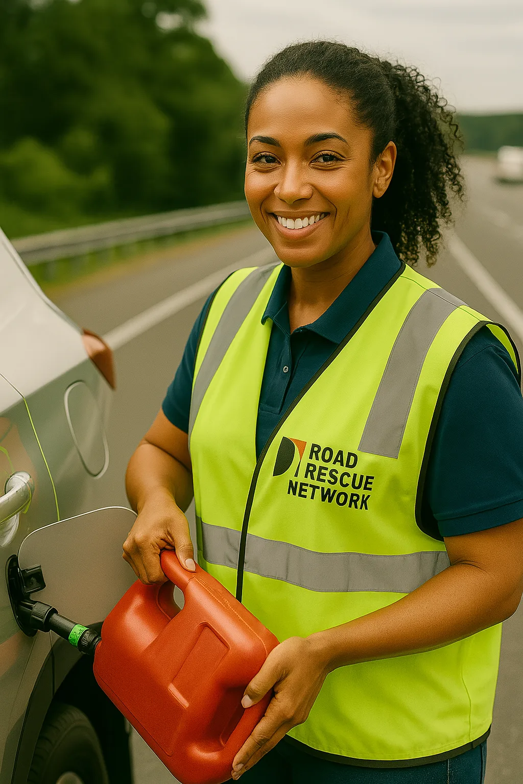 Road Rescue Network technician carrying a fuel can along the shoulder of a highway.