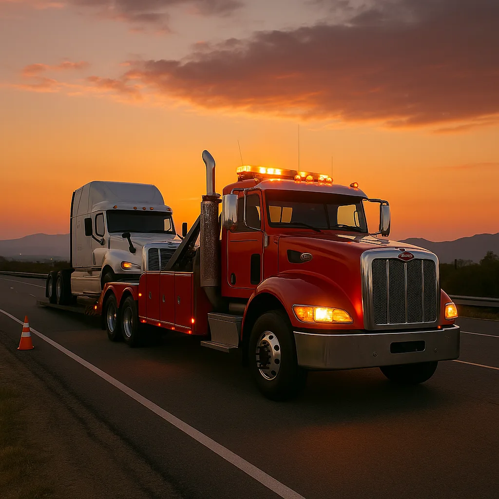 Heavy-duty rotator wrecker on the highway at sunset with a tractor-trailer.
