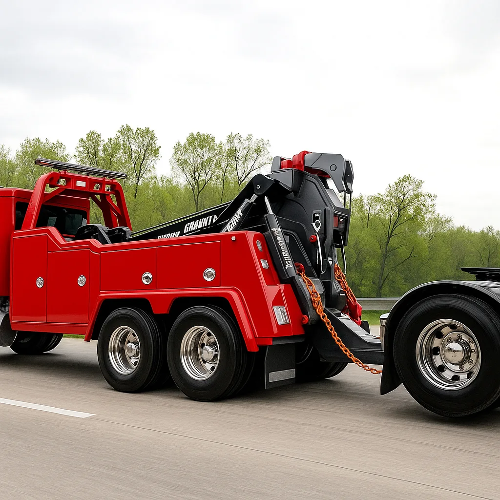 Heavy-duty wrecker rigged to recover a tractor unit.