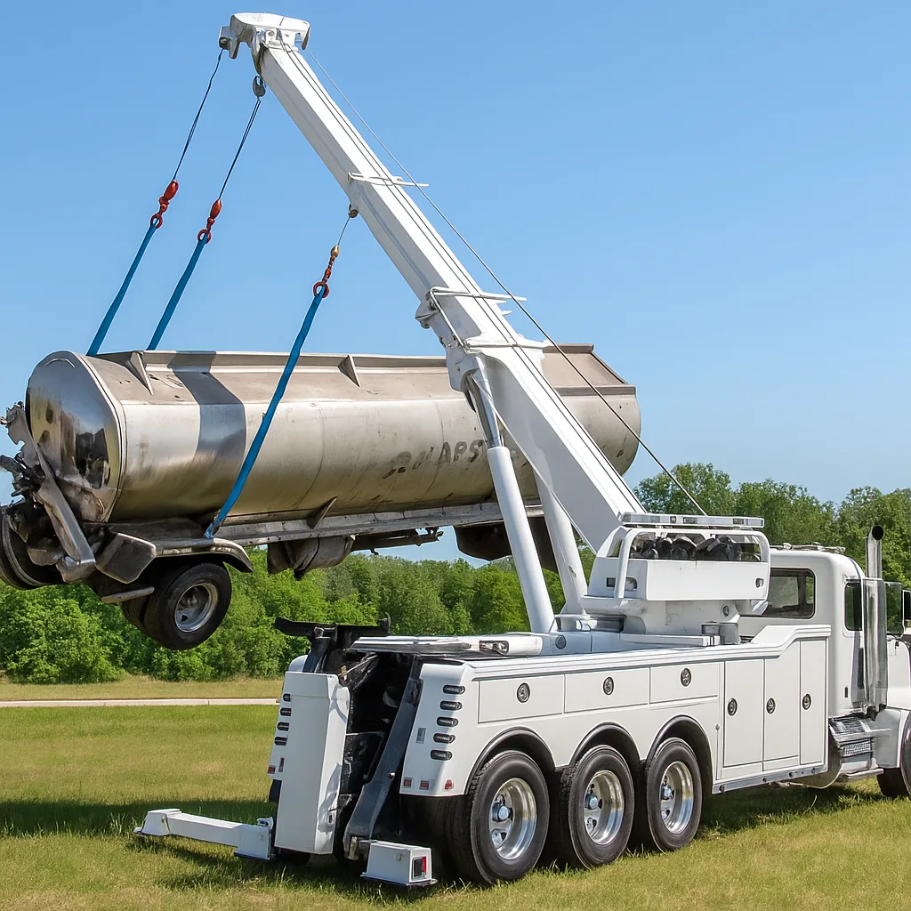 Heavy-duty rotator lifting a tanker barrel with its boom extended.