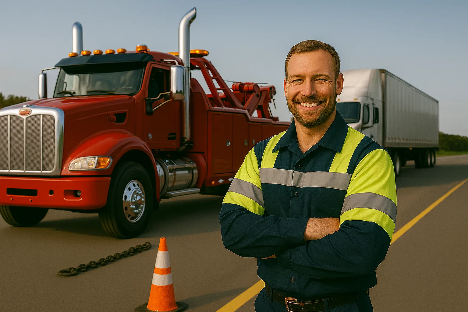 Road Rescue Network operator standing beside a heavy-duty wrecker and cones.