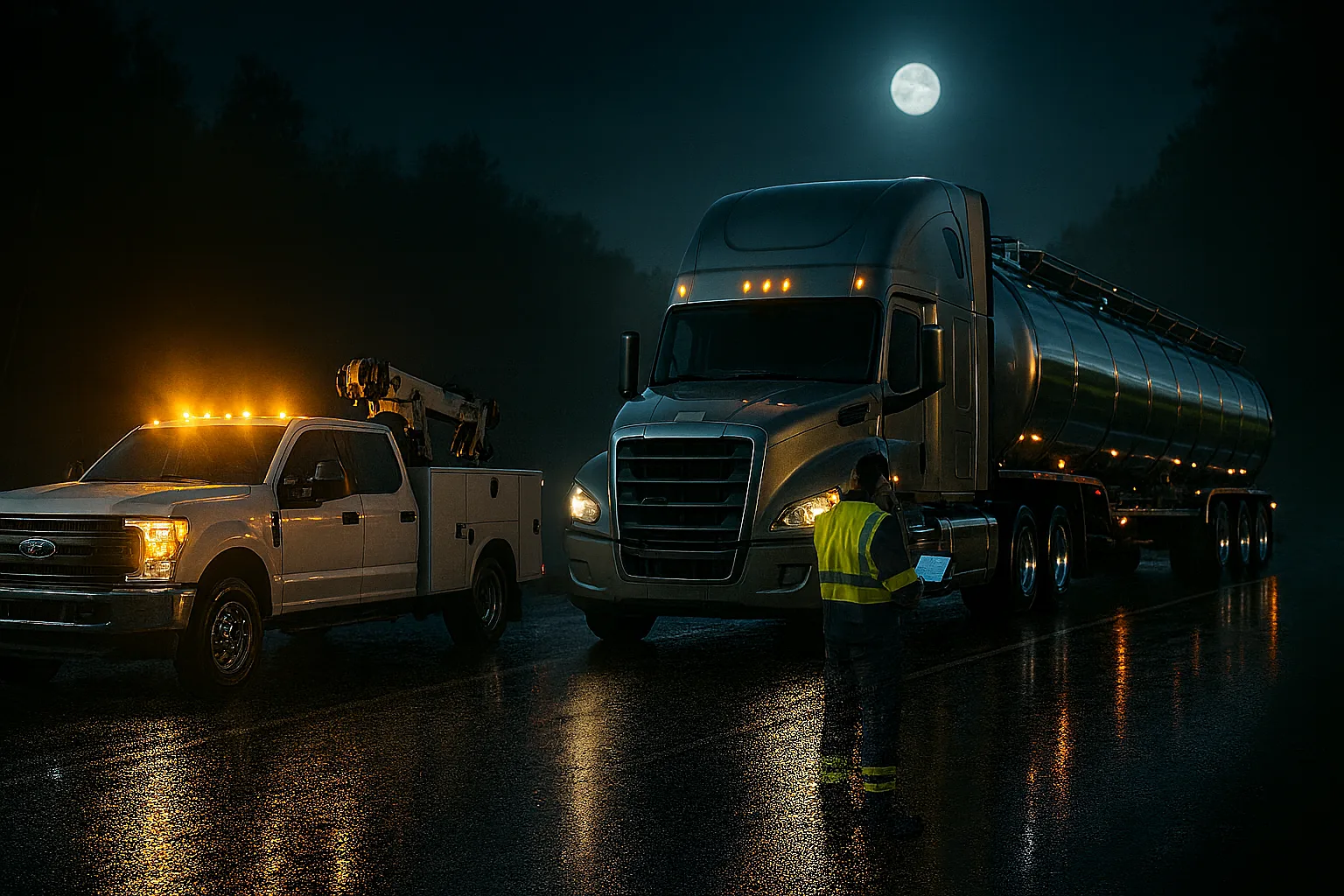 Heavy wrecker working a disabled tractor unit at night.