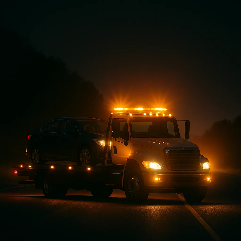 Heavy wrecker running amber beacons on a dark highway.