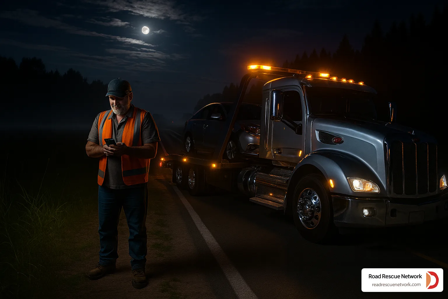 Heavy wrecker and operator working a night recovery.
