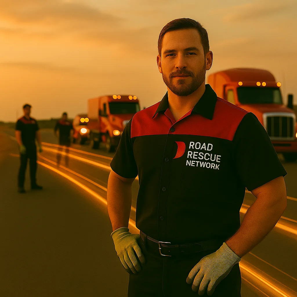 Road Rescue Network operator in front of a line of tractor units at sunset.