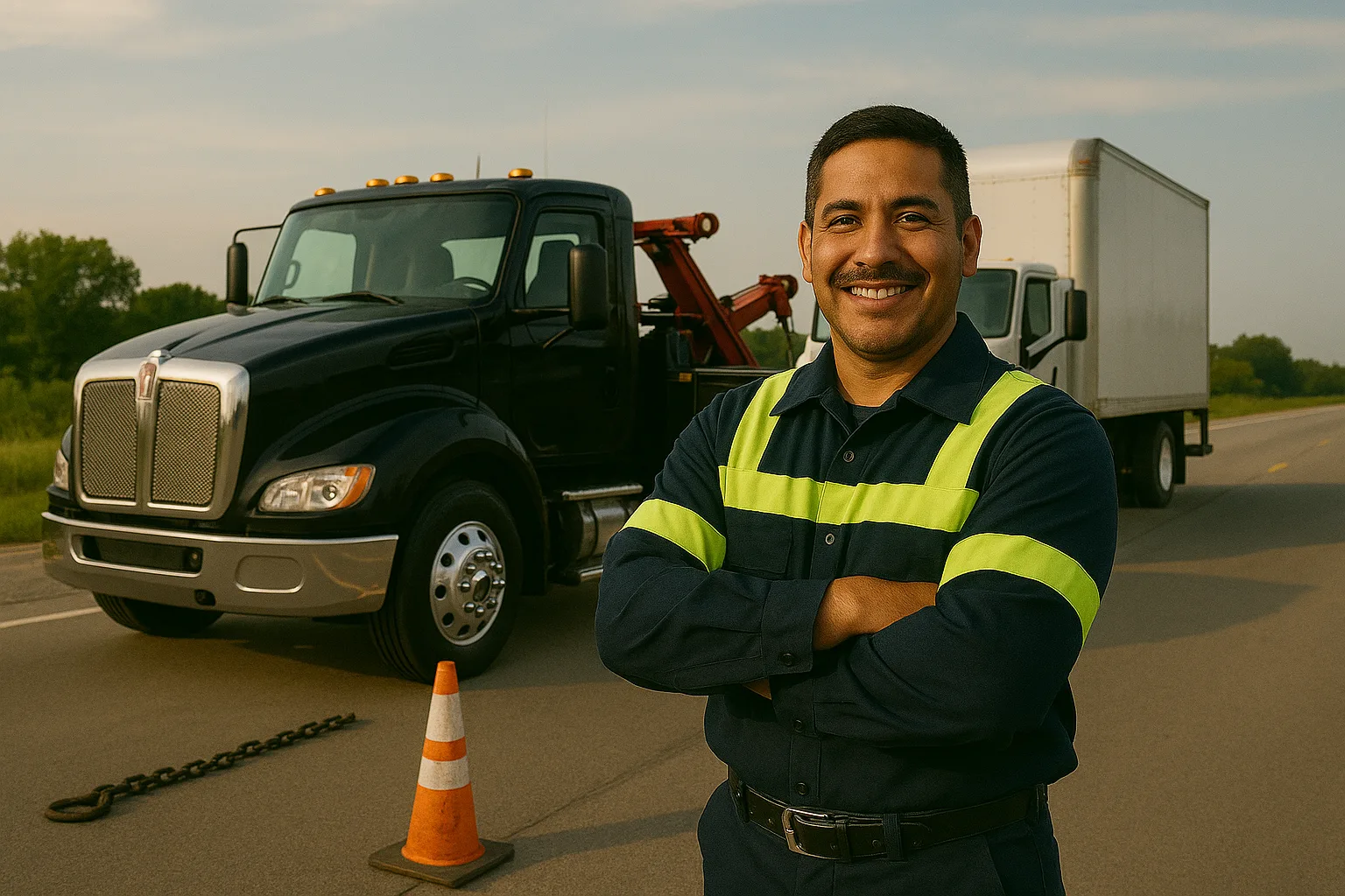 Road Rescue Network operator beside a heavy wrecker with cones set out.