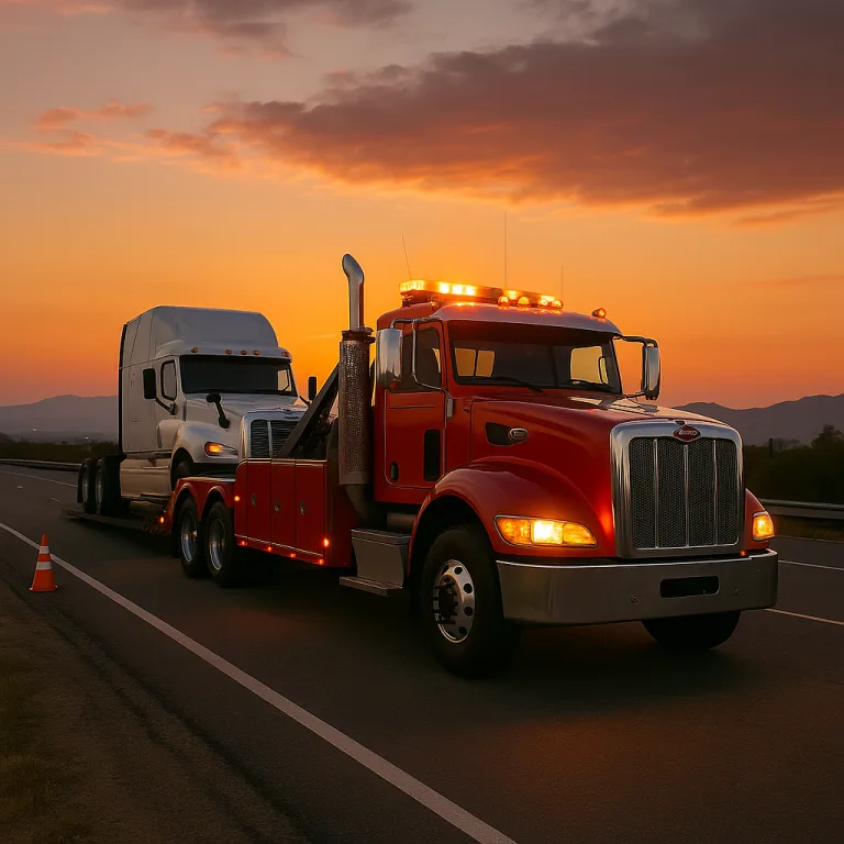 Heavy wrecker and tractor-trailer on the highway at sunset.
