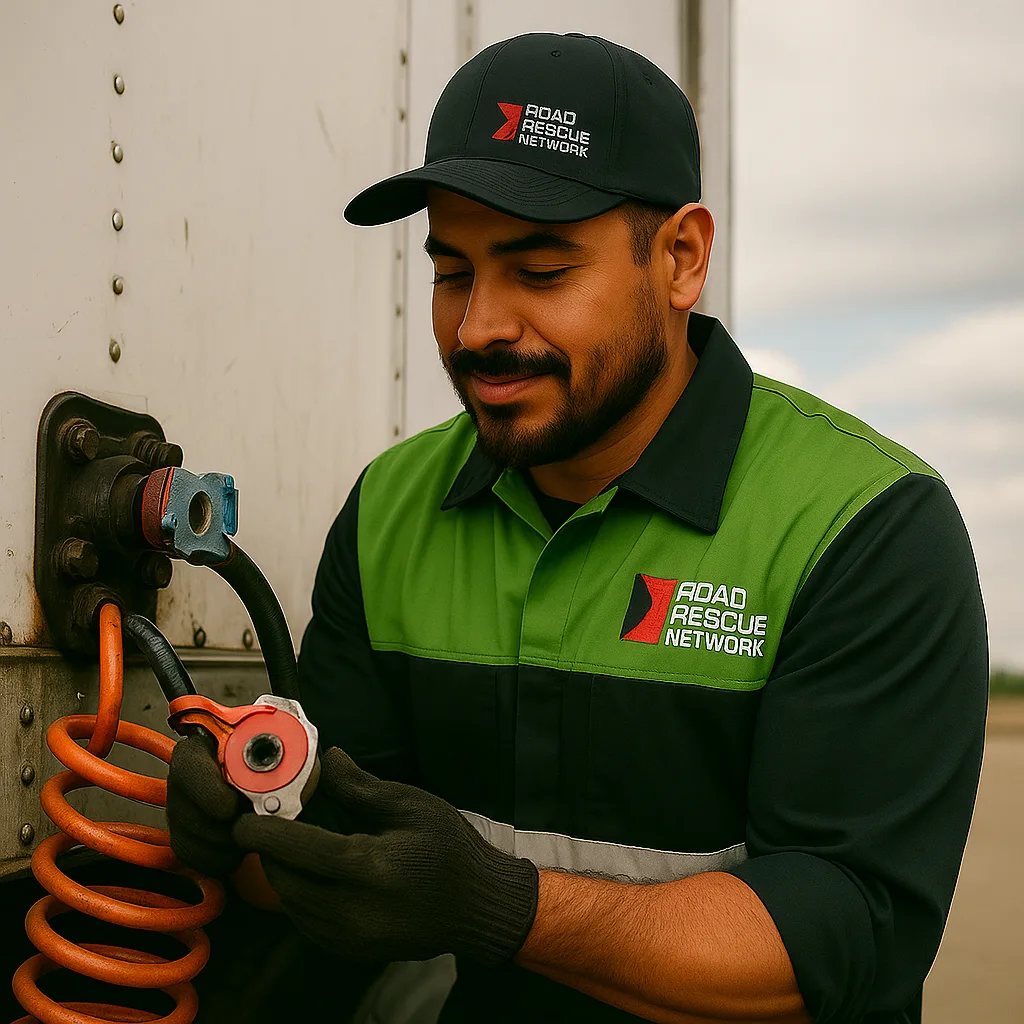 Road Rescue Network technician holding a replacement hydraulic hose assembly.