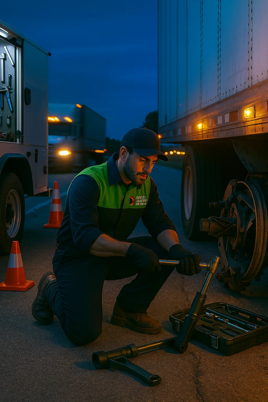 Road Rescue Network technician fitting a hose assembly at a trailer axle.