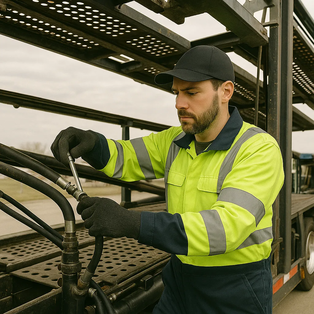Technician working hydraulic lines on a car-carrier deck.