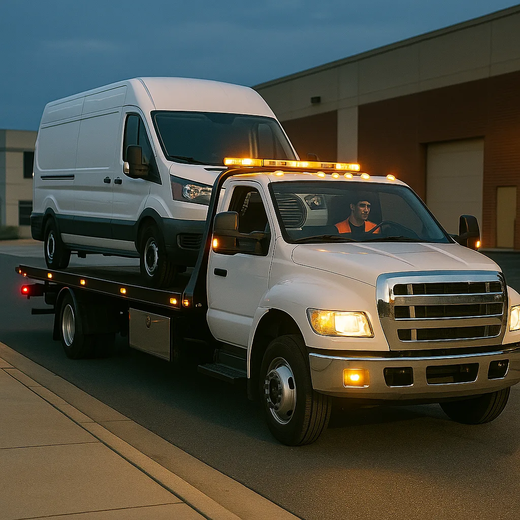 Flatbed tow truck and service vehicle staged in a yard.