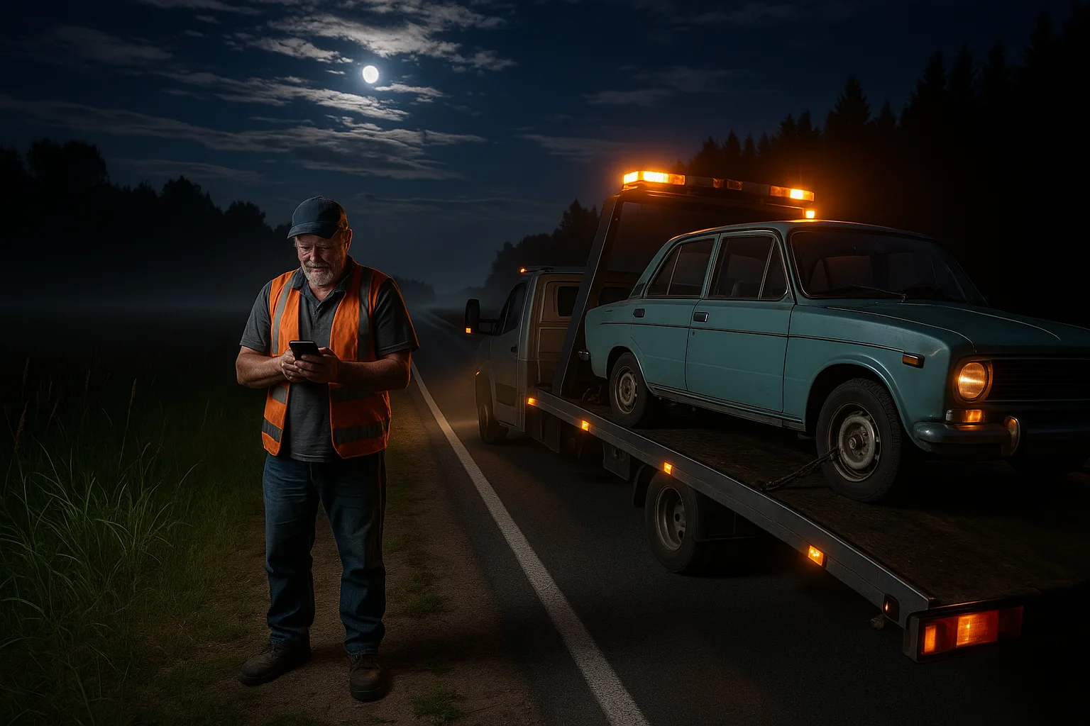 Operator loading a car onto a flatbed at night under amber beacons.