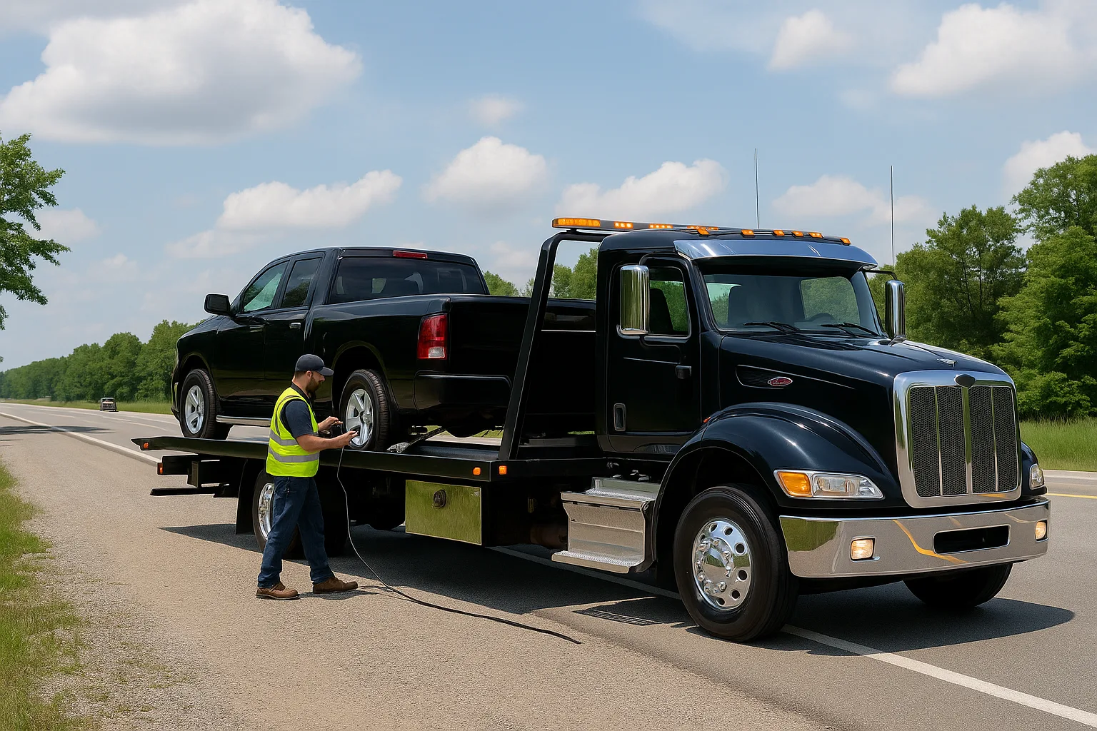 Pickup truck loaded on a flatbed with the operator standing by.