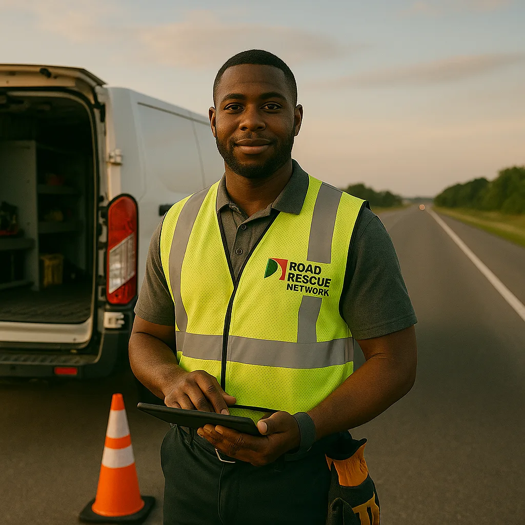 Road Rescue Network operator beside a service van with cones set out.