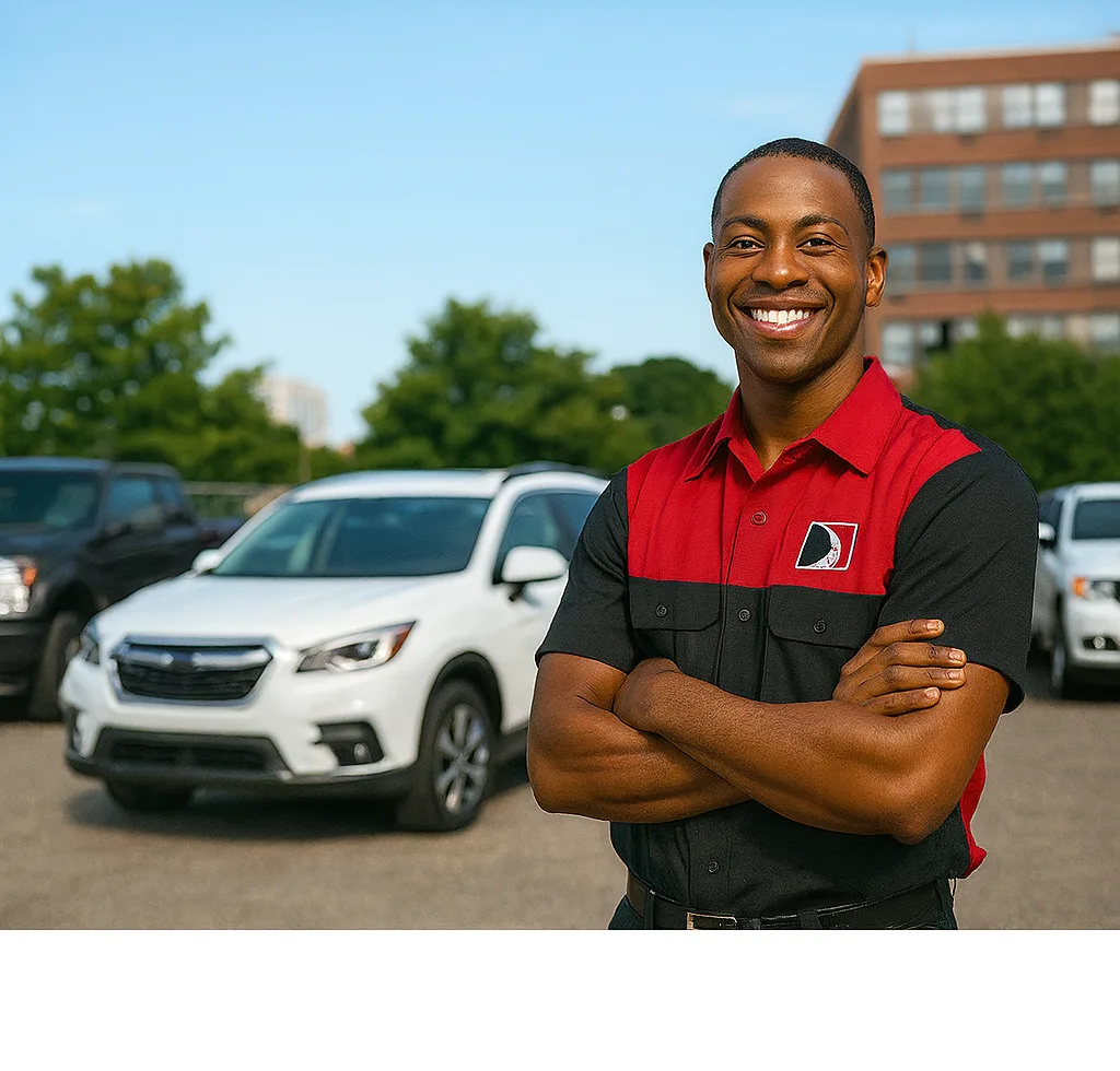 Road Rescue Network operator in front of parked cars at a dealership lot.