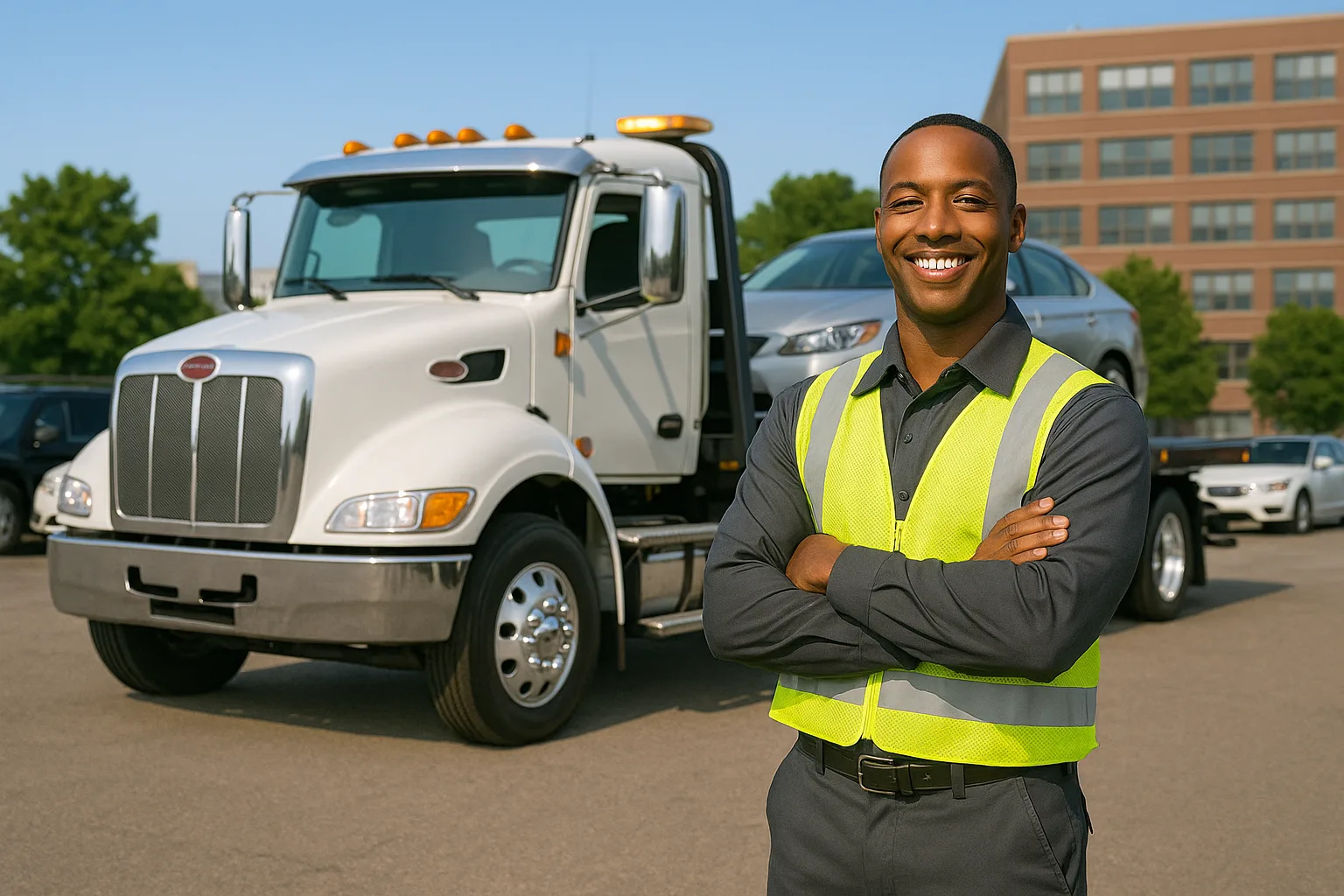 Road Rescue Network operator beside a flatbed tow truck.