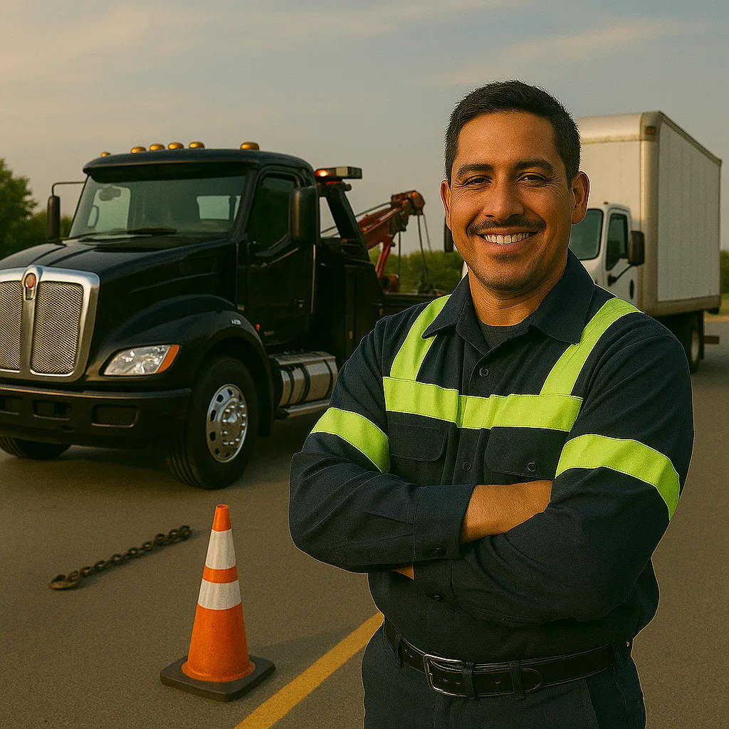 Road Rescue Network operator beside a black flatbed with cones out.