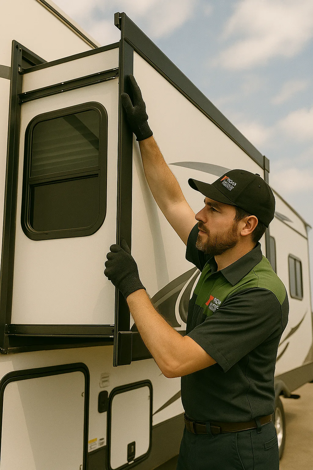 Technician working on the exterior door and body of a motorhome.