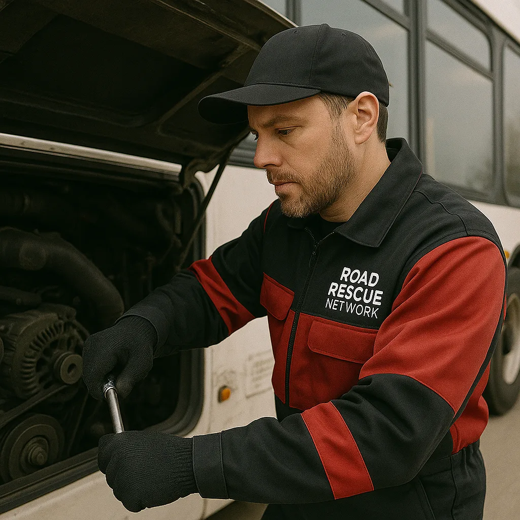 Road Rescue Network technician servicing an RV appliance bay.