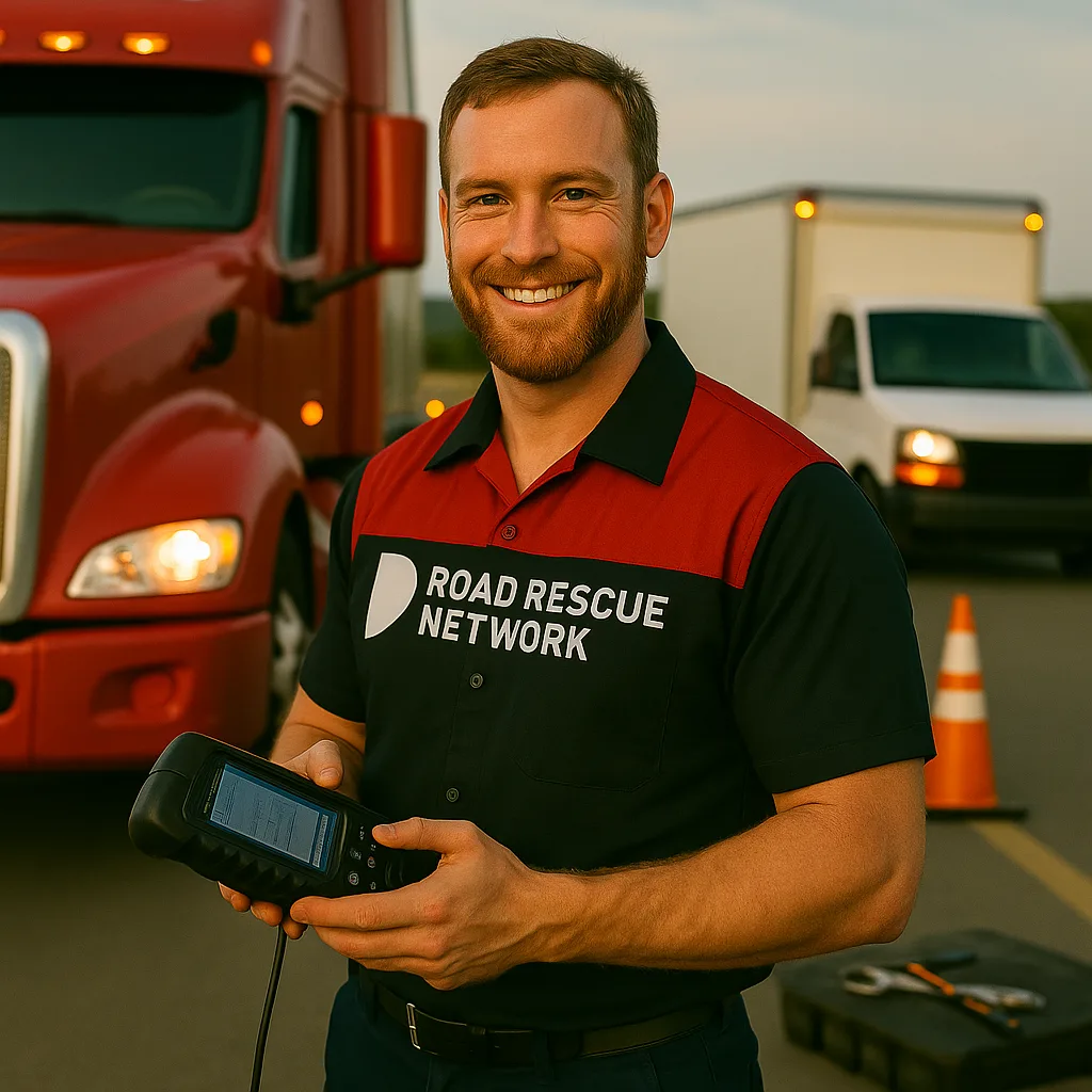 Road Rescue Network technician holding a diagnostic scan tool in front of a tractor unit.