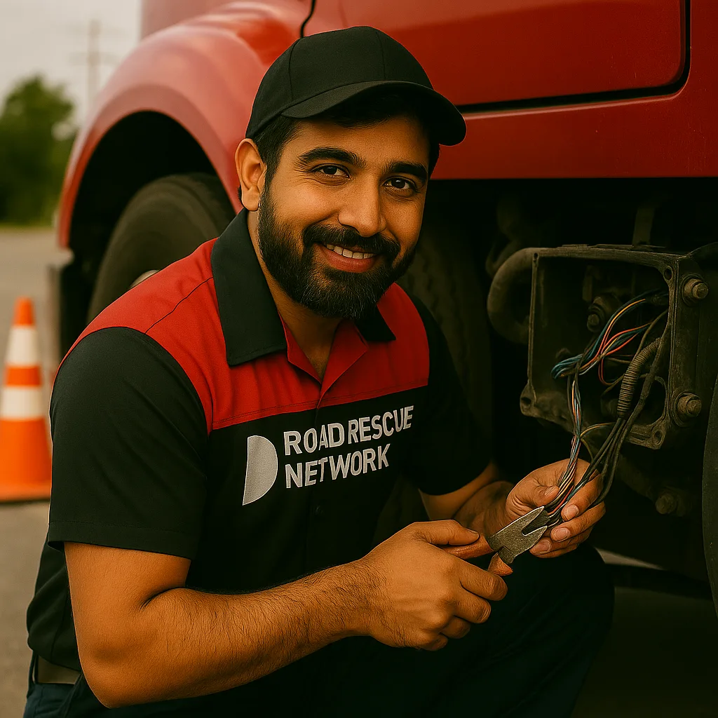Road Rescue Network technician repairing wiring on a red tractor unit.