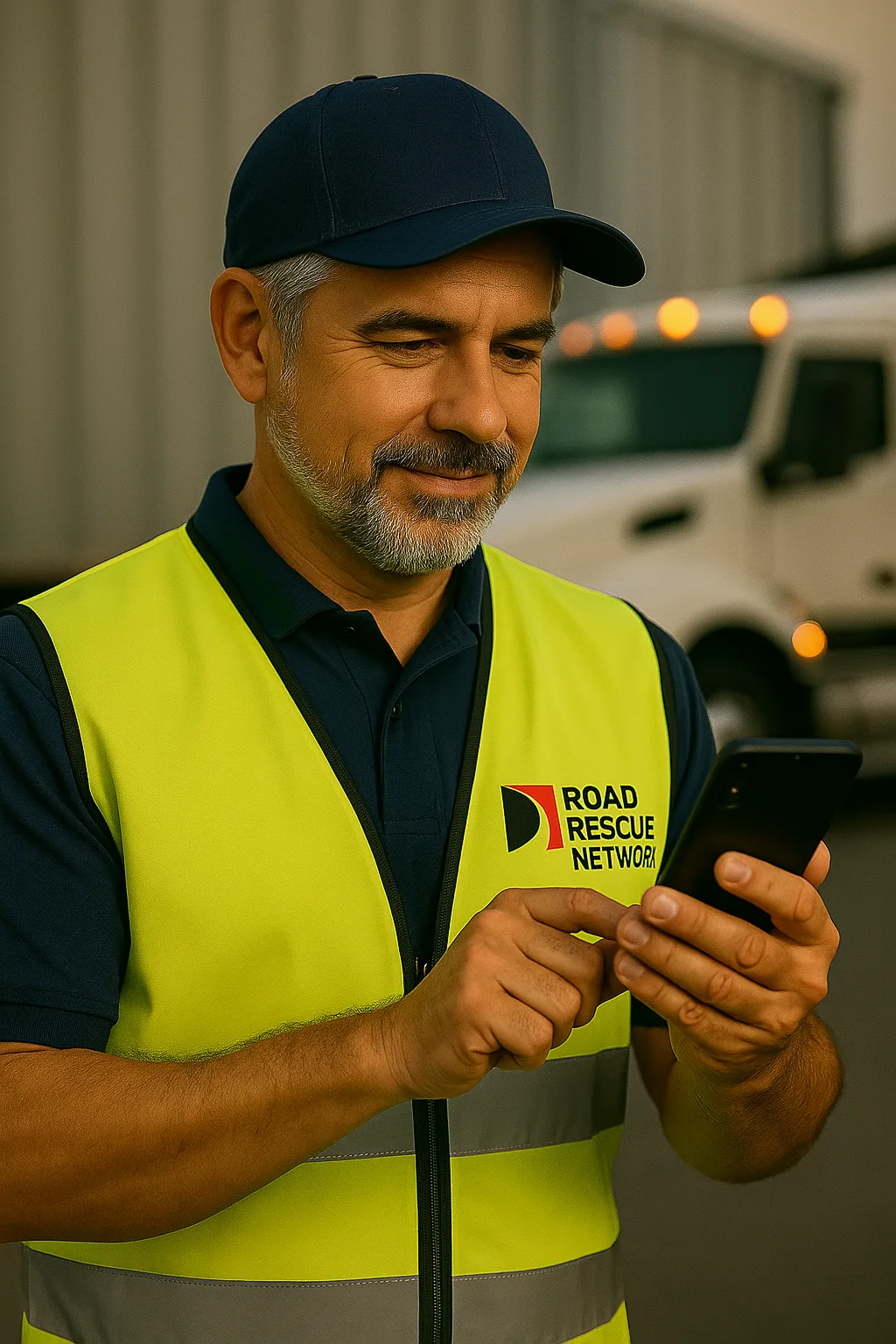 Road Rescue Network technician checking a service request on a phone beside a truck.