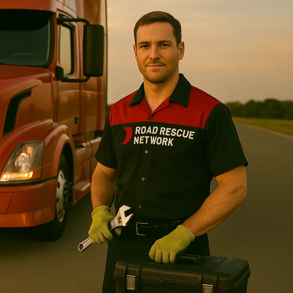 Road Rescue Network technician with a tool bag beside a red tractor unit.