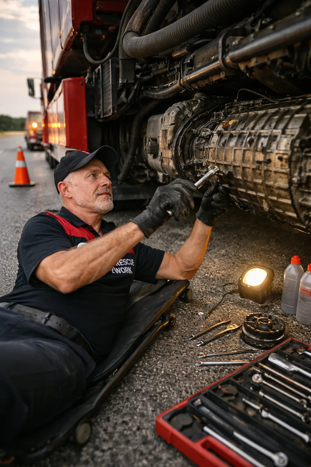 Road Rescue Network technician working a driveline component at the roadside.
