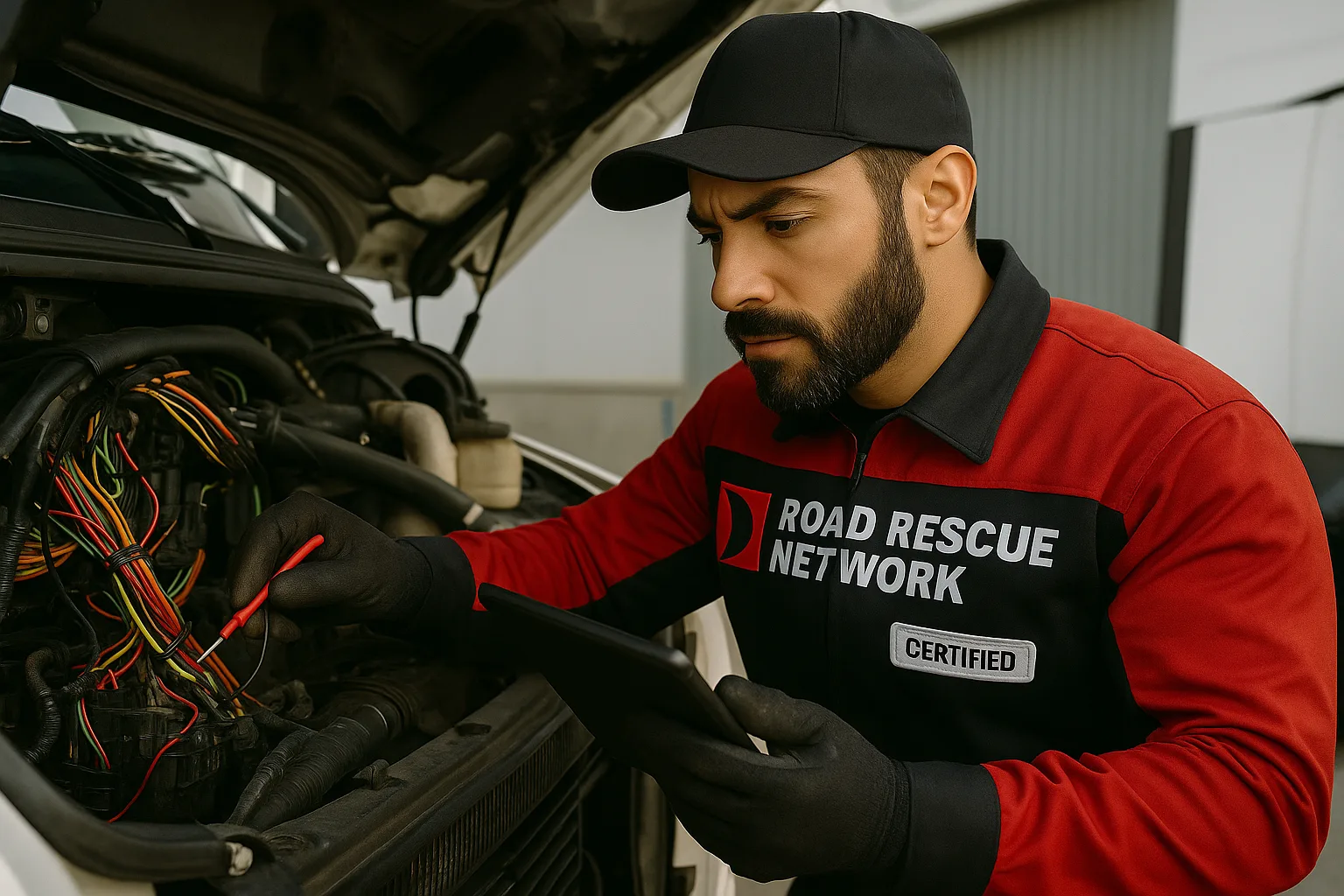 Road Rescue Network technician working an engine component beside a service van.