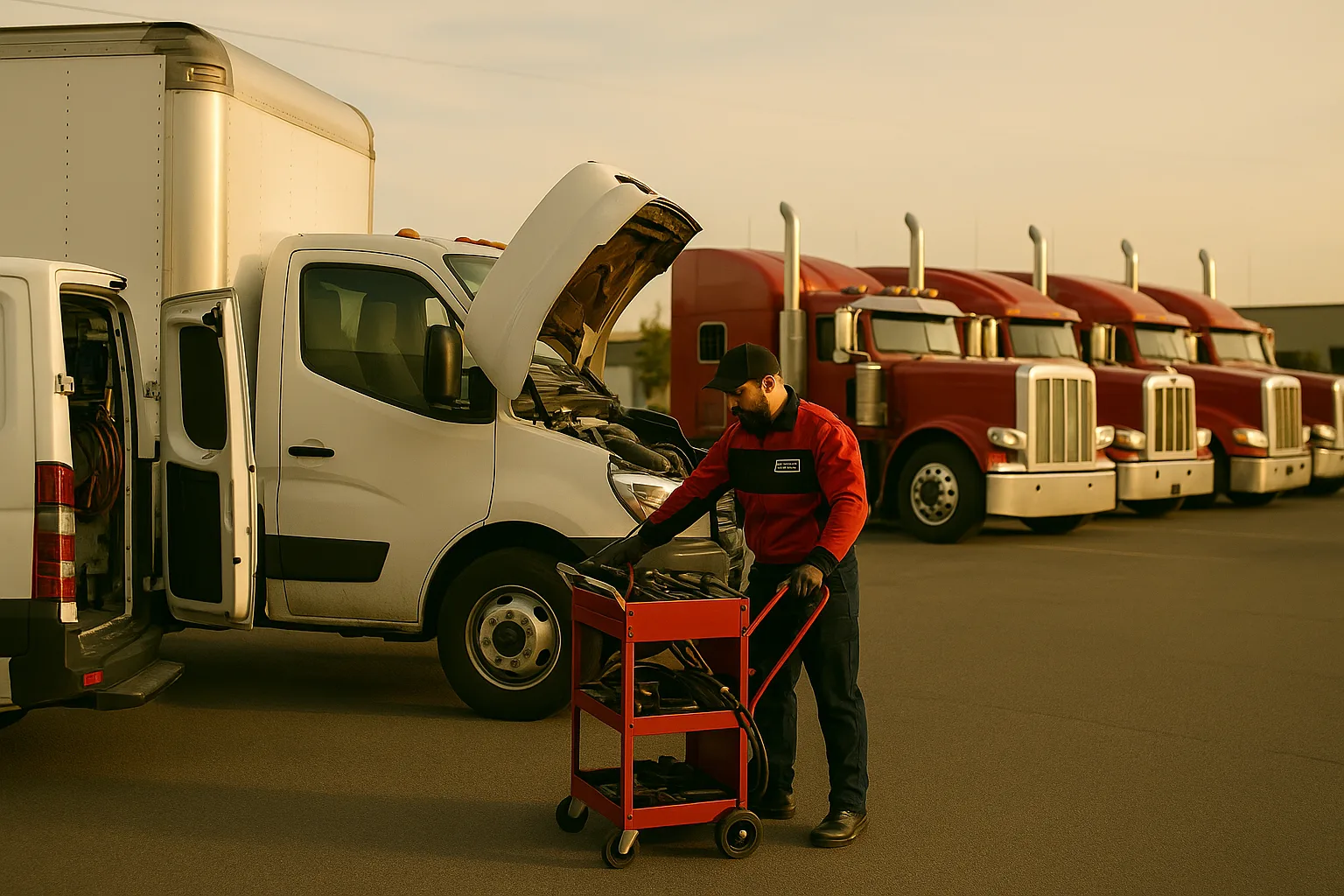 Road Rescue Network technician at a mobile tool cart between two tractor units.