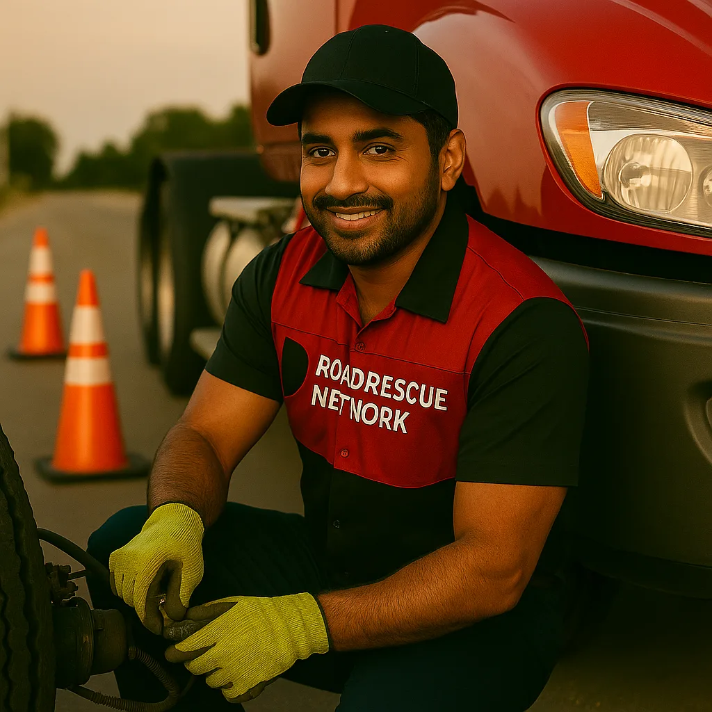 Road Rescue Network technician working at the front of a red tractor unit.