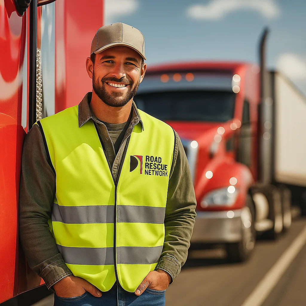 Road Rescue Network technician beside a red tractor unit at the roadside.