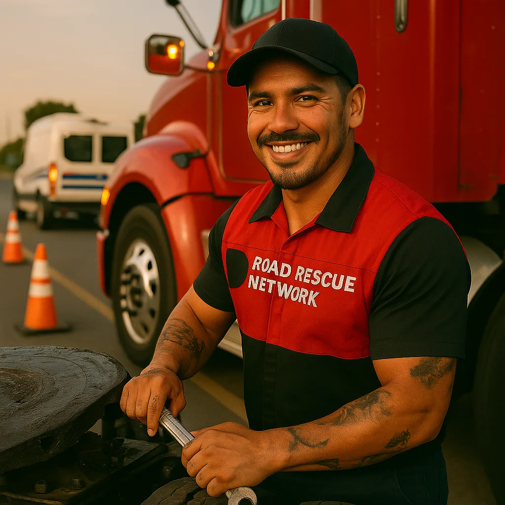 Road Rescue Network technician working a tyre beside a red tractor unit.