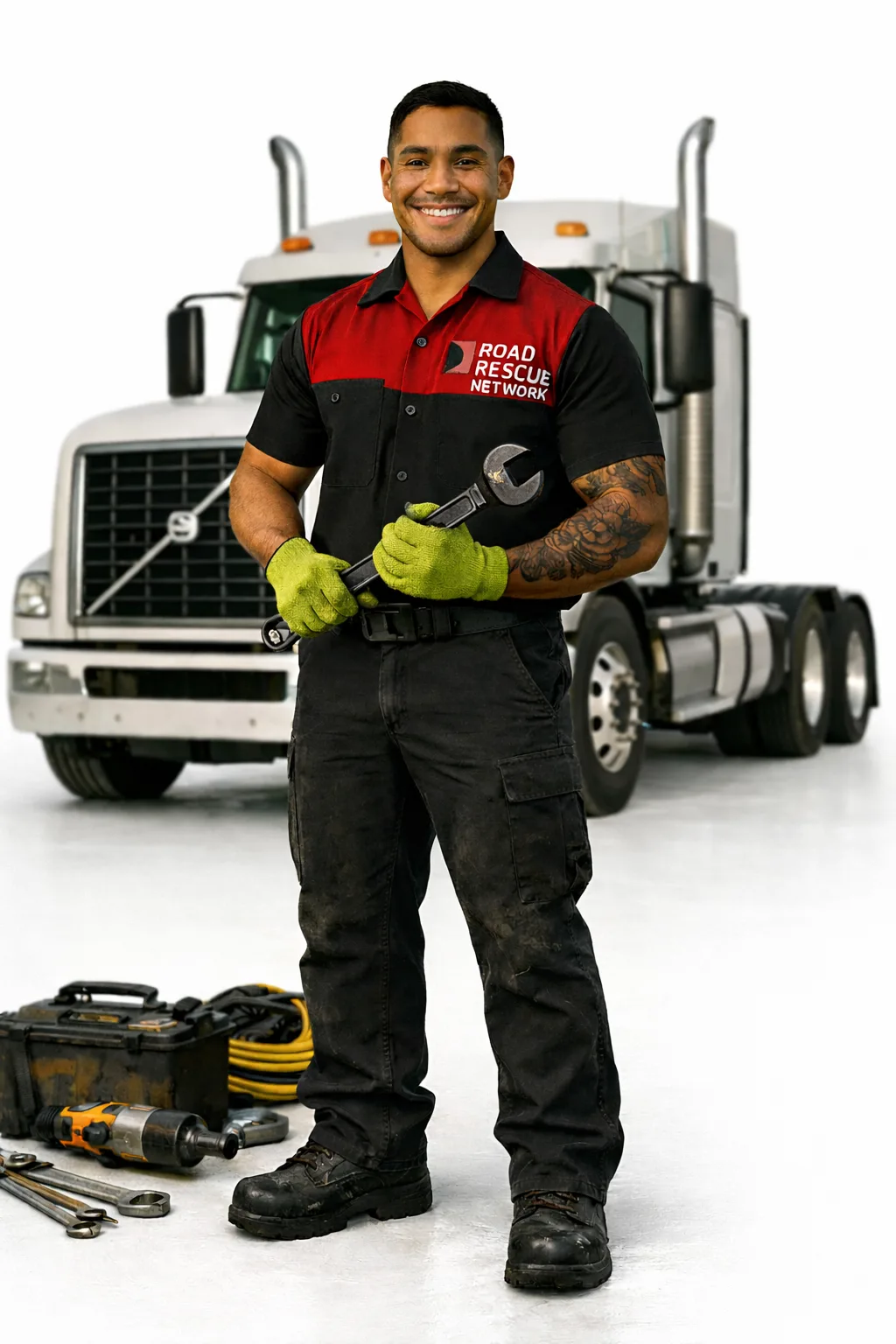 Road Rescue Network technician holding a wrench in front of a tractor unit.