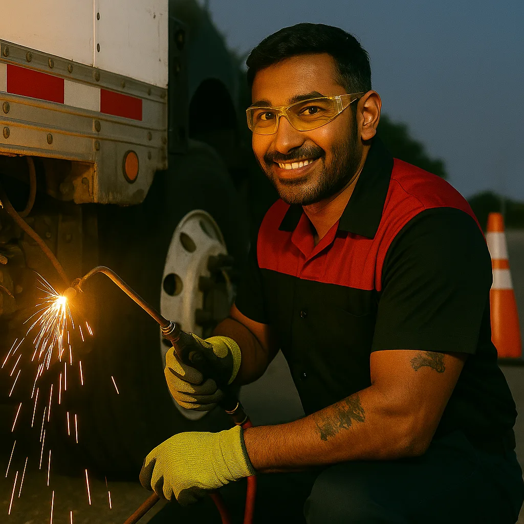 Road Rescue Network technician grinding a steel repair, sparks flying, beside a trailer.
