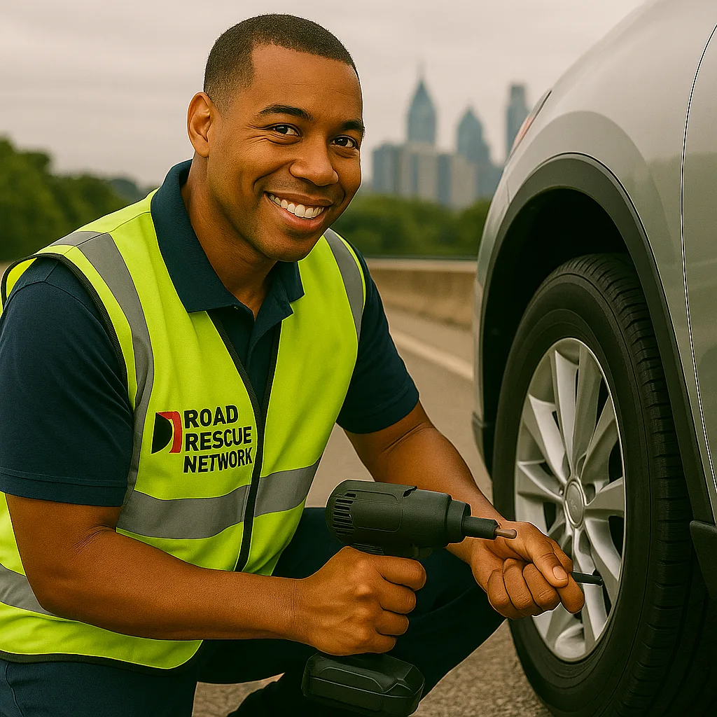Road Rescue Network technician running an impact wrench on a car wheel.