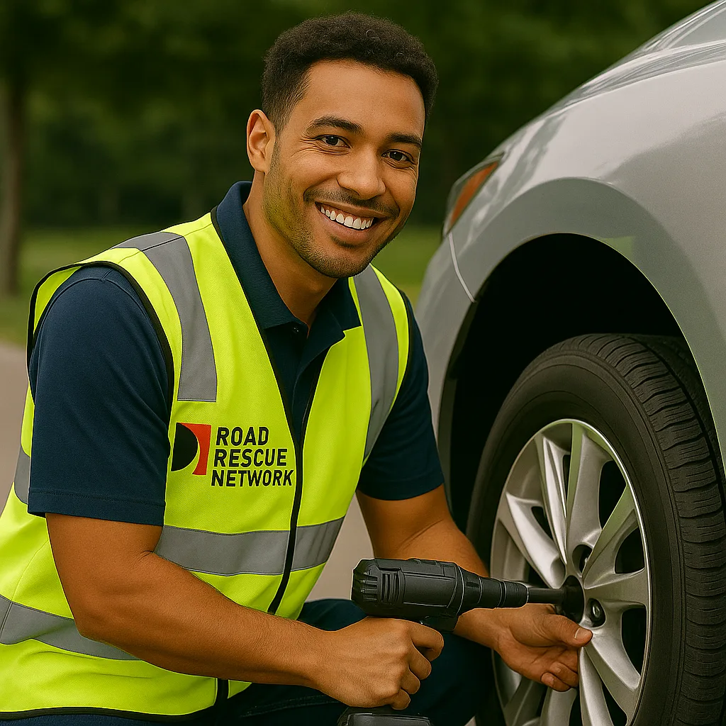 Road Rescue Network technician fitting a replacement wheel to a car.