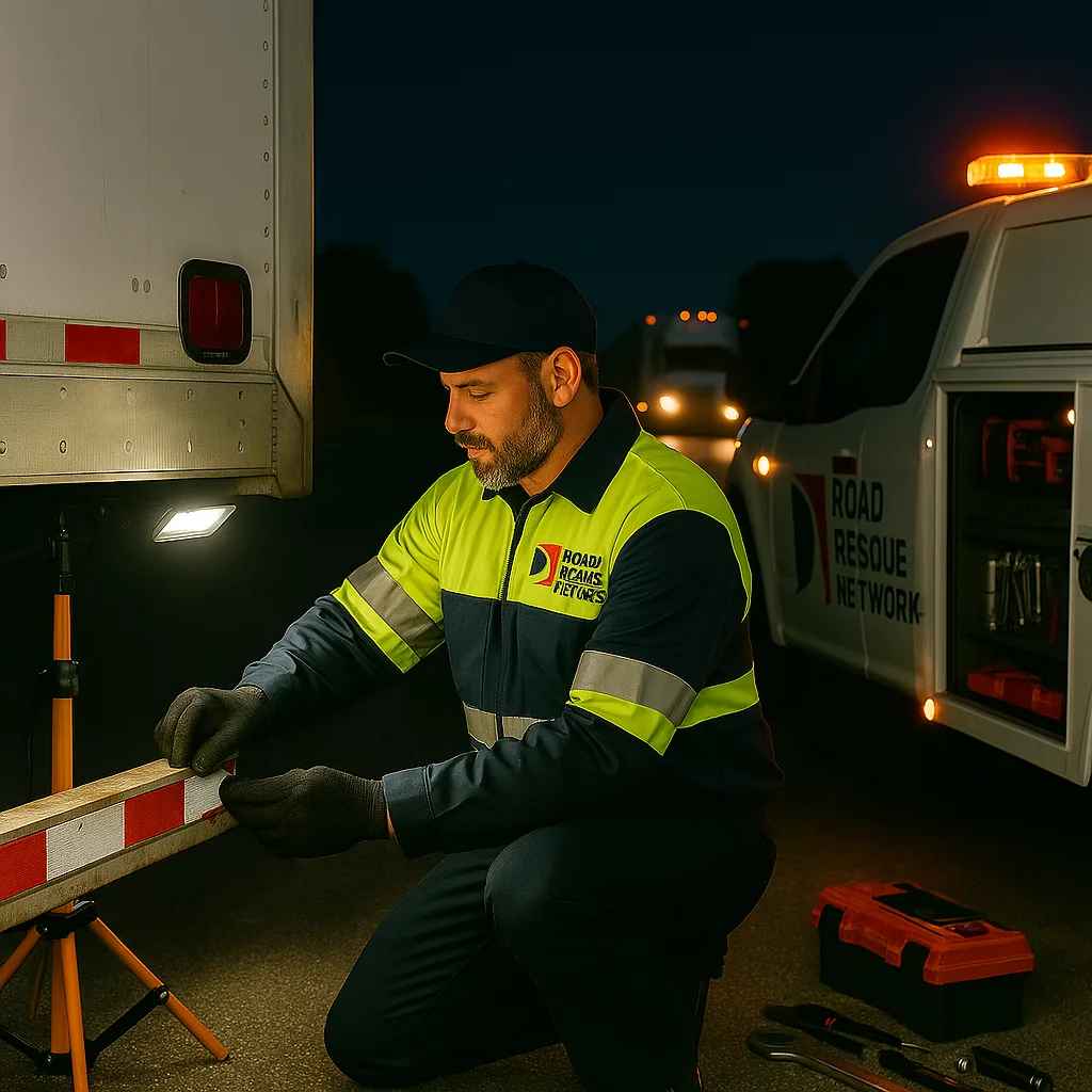 Road Rescue Network technician repairing a trailer beside a lit service vehicle.