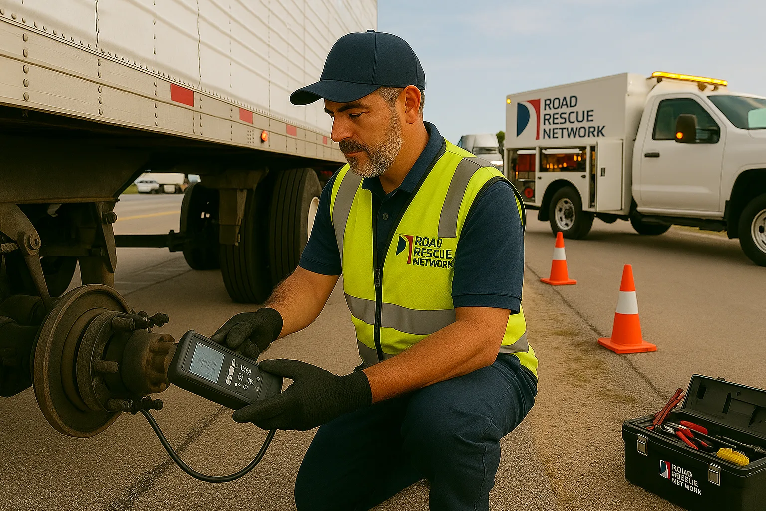 Road Rescue Network technician running diagnostics beside a trailer.