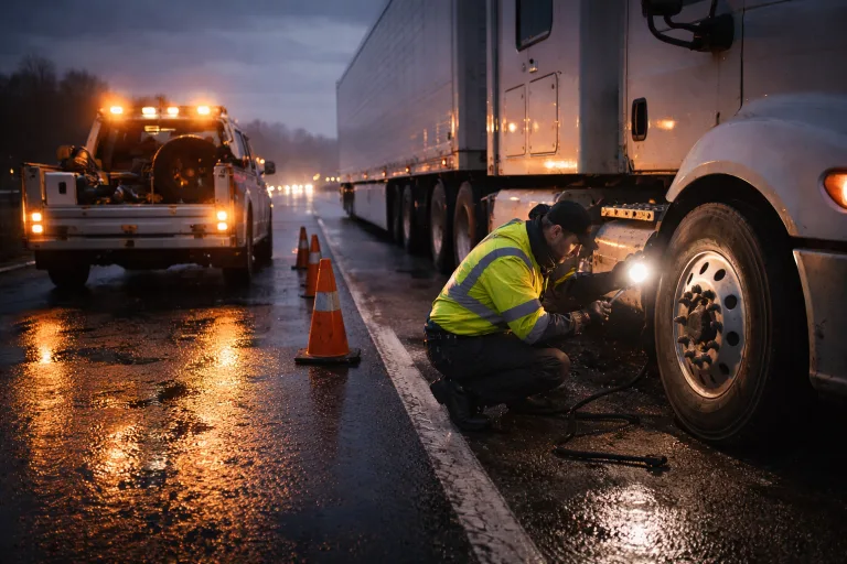Technician working a trailer wheel in the wet at first light.