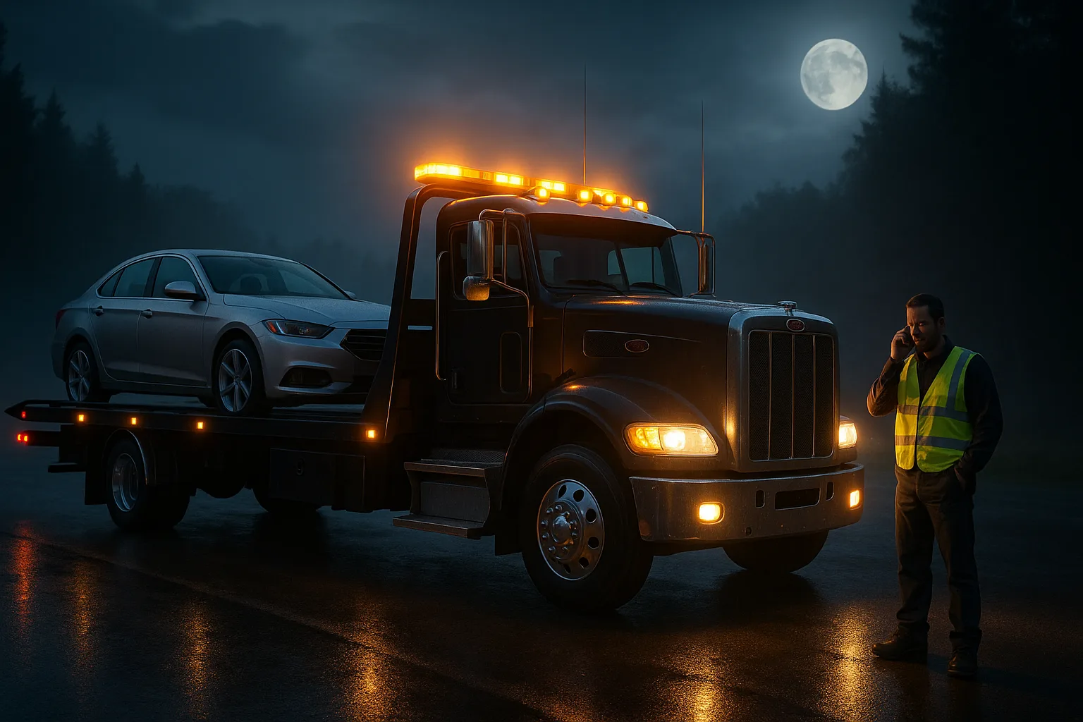 Heavy wrecker working a recovery in the rain at night.