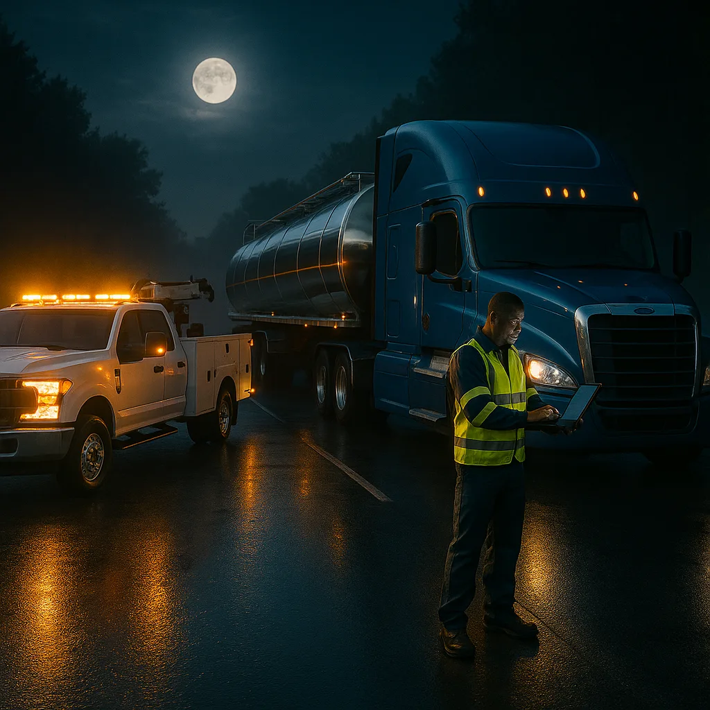 Service truck and technician working a wet recovery under a full moon.