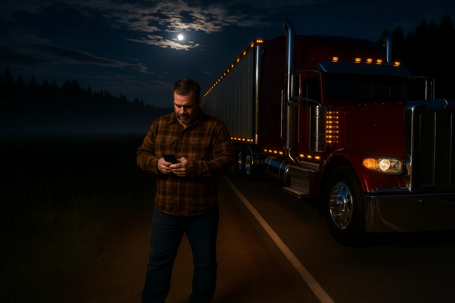 Driver waiting beside a tractor unit at night as recovery lights approach.