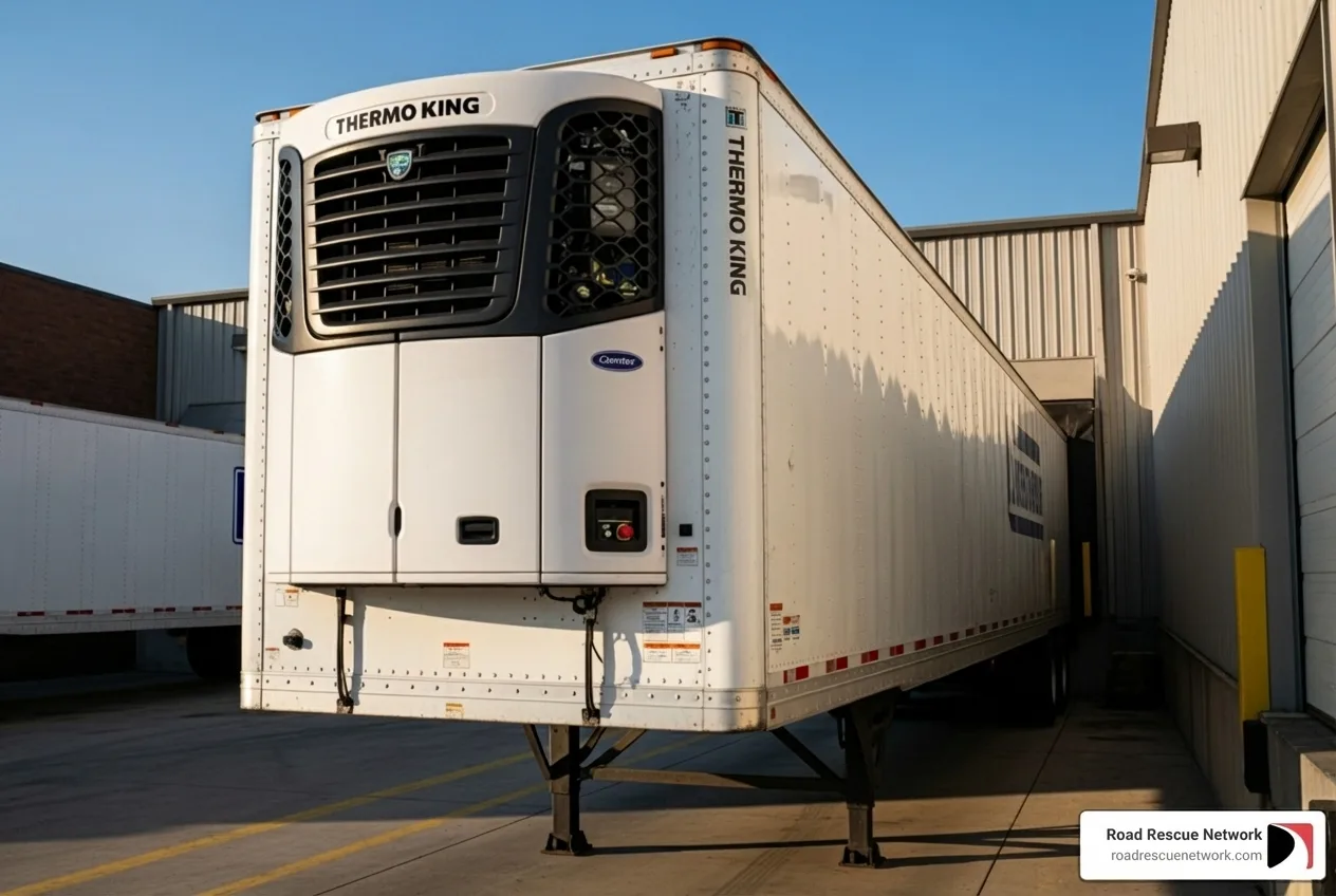 Thermo King reefer unit on a refrigerated trailer at a distribution yard.
