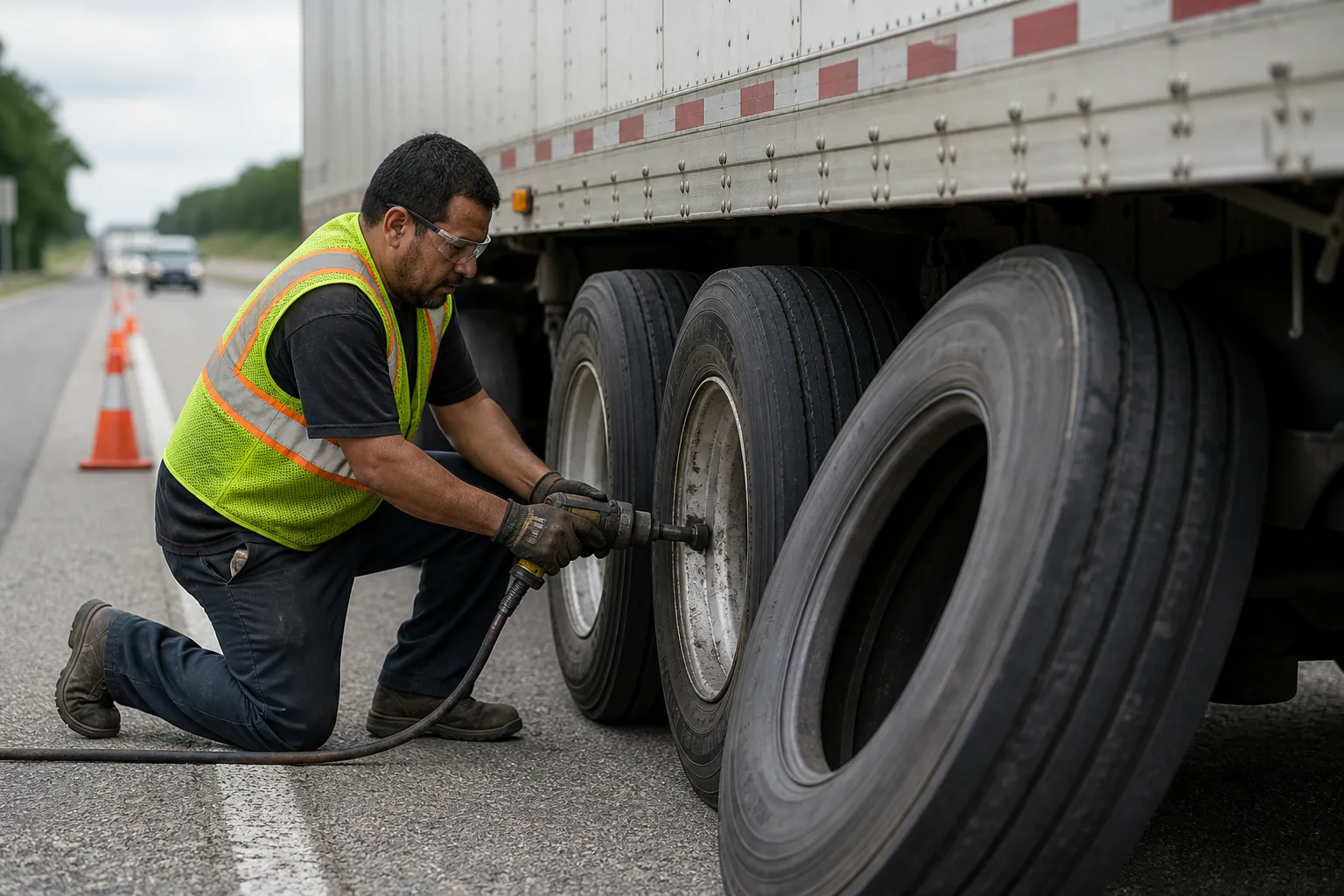 Road Rescue Network technician kneeling at a car wheel to change a flat tire roadside.