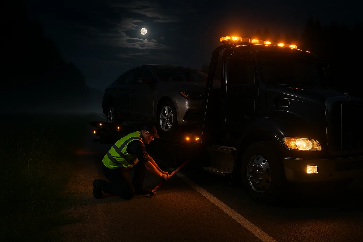 Technician rigging a winch line to recover a vehicle off the shoulder at night.
