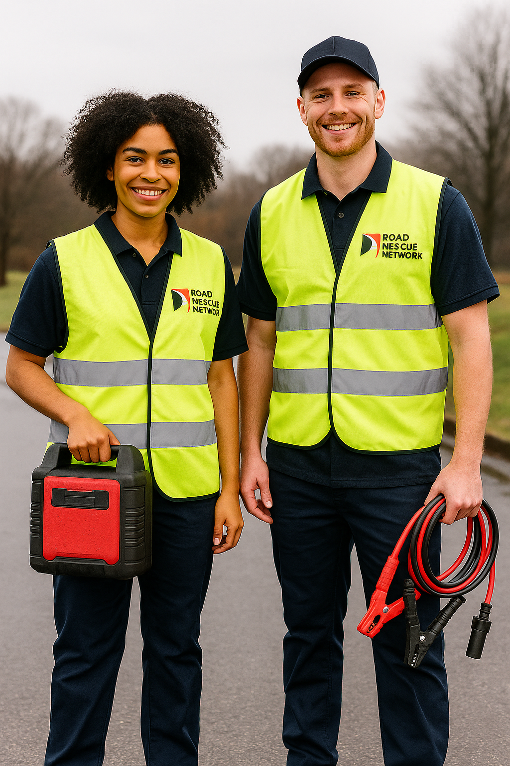 Male and female rescuers holding jumpstart equipment.