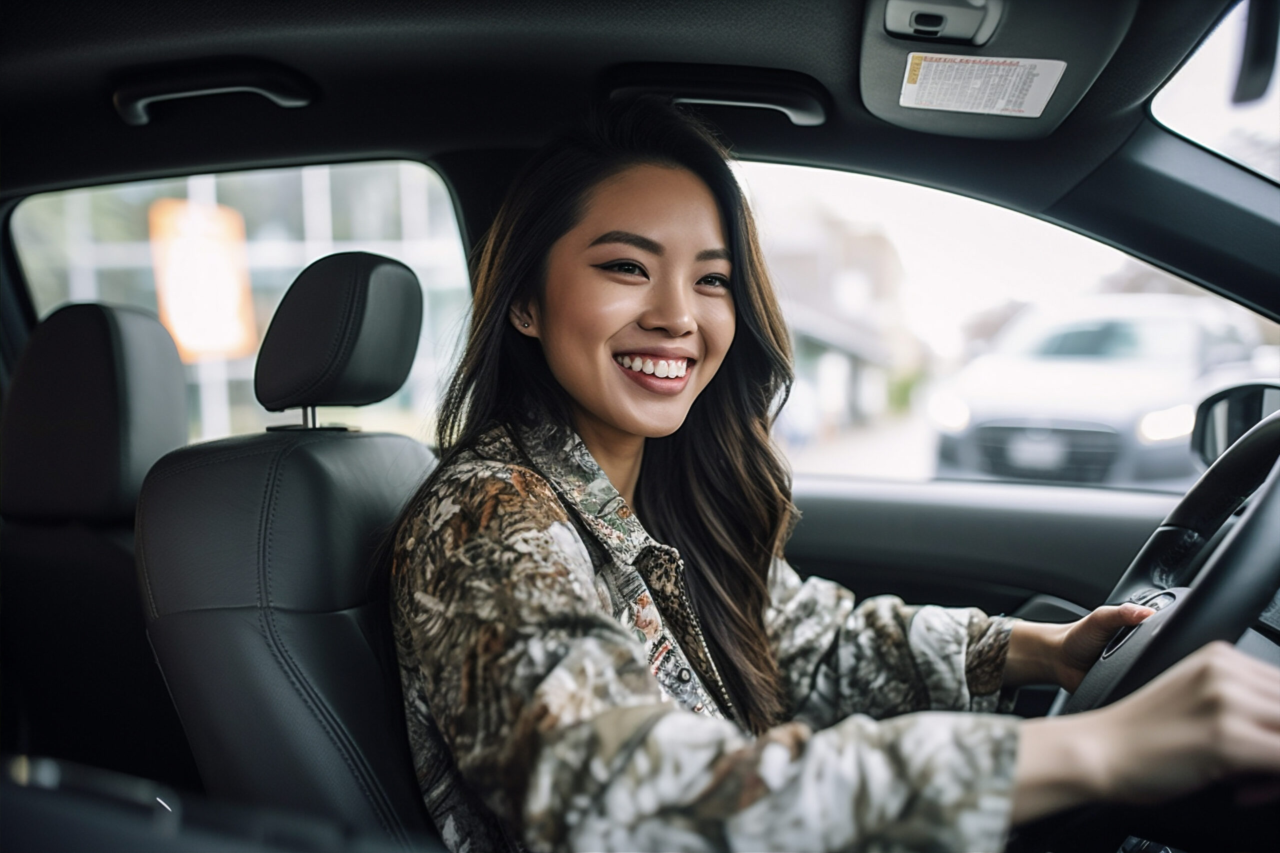 auto woman happy transportation driver after emergency road service repair